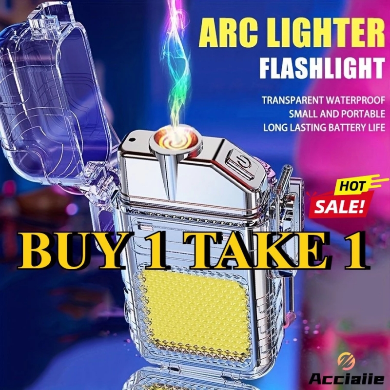 BUY 1 TAKE 1 Acciaiie Rechargeable Work Light Keychain Arc Lighter Flashlight Power Display Waterproof Windproof